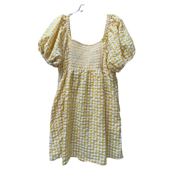 Old Navy Dress Large Yellow Gingham Seersucker Milkmaid Country Cottage Western - Picture 2 of 7